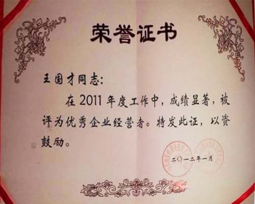 优秀企业经营者荣誉证书（2011年度）