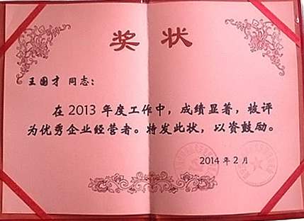 优秀企业经营者奖状（2013年度）